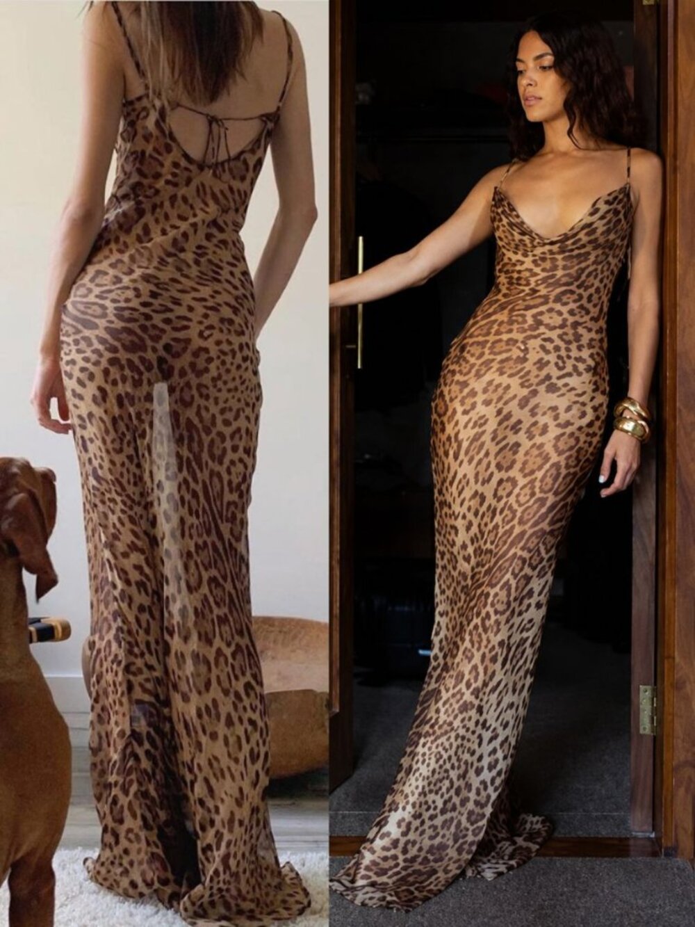 Rat & Boa Valentina Dress Leopard Print Sheer Cowl Neck Maxi Size XXS